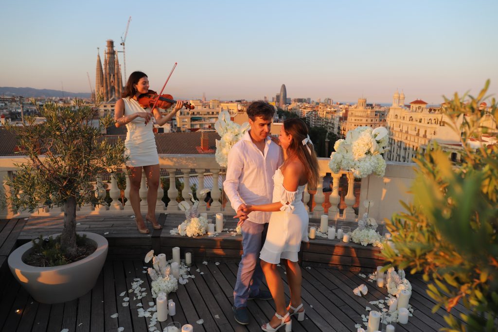 Romantic engagement shoot near Sagrada Familia with proposal photographer in Barcelona