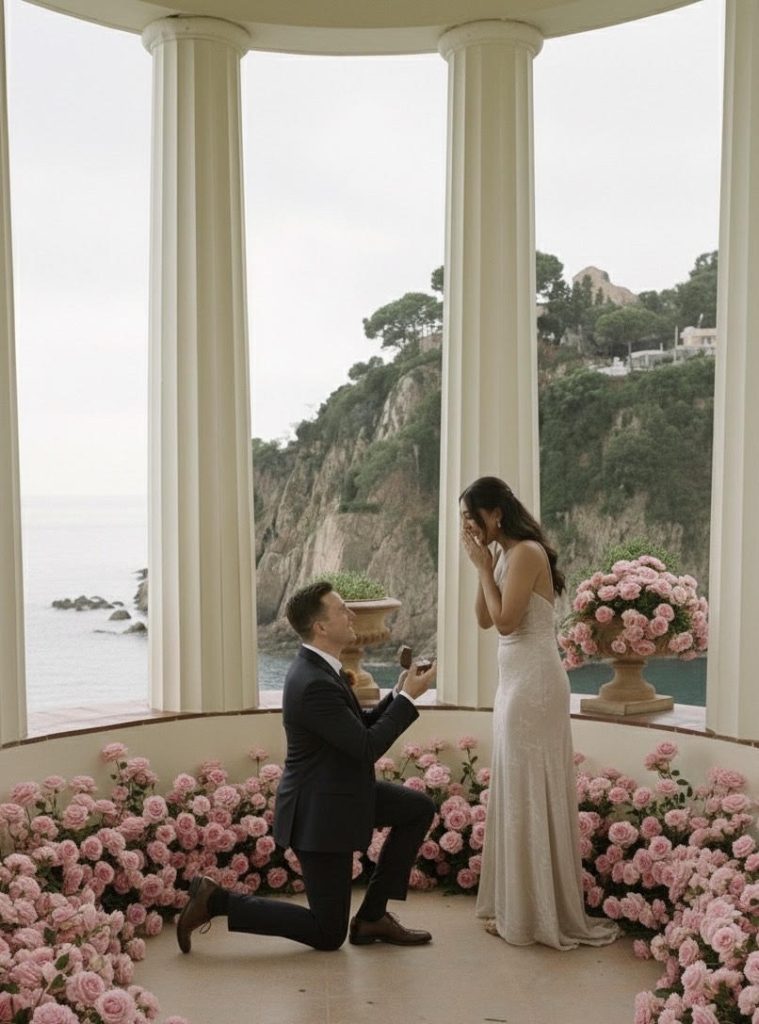 Couple celebrating their engagement amidst colorful flowers and greenery at Marimurtra Botanical Garden.