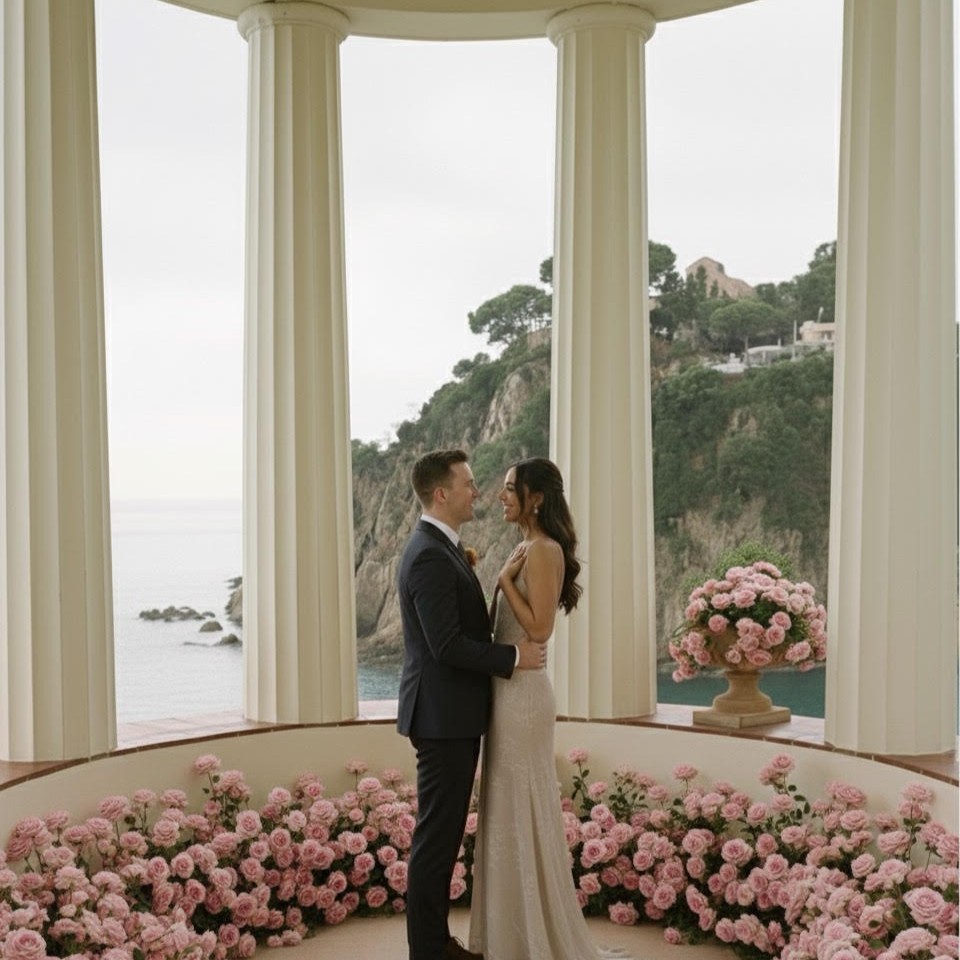 Luxury Costa Brava proposal with floral decor and sunset views