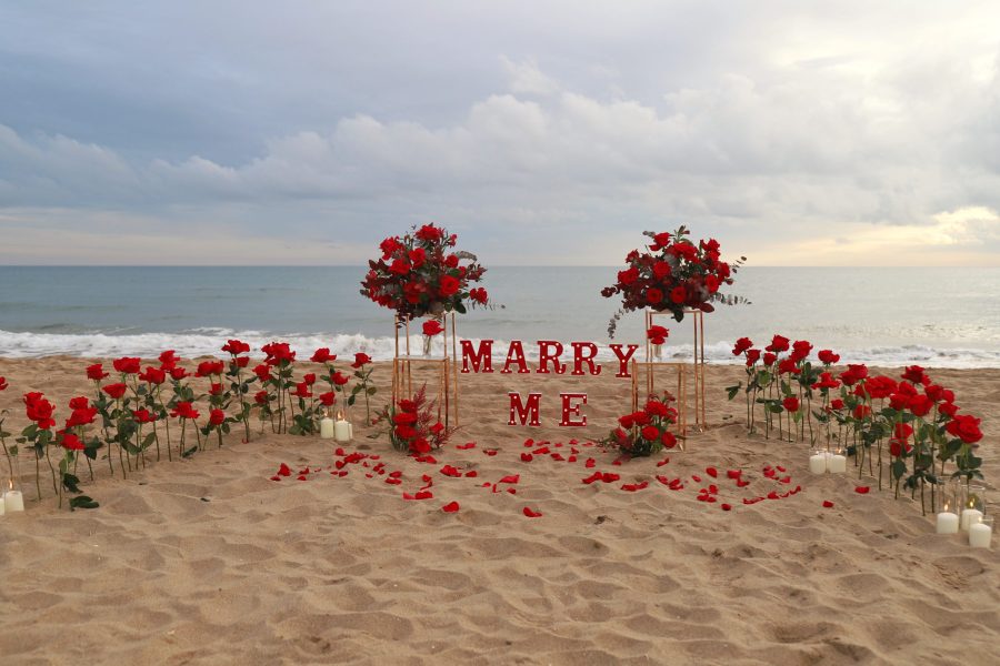 Barcelona seaside proposal with red roses and LED candles