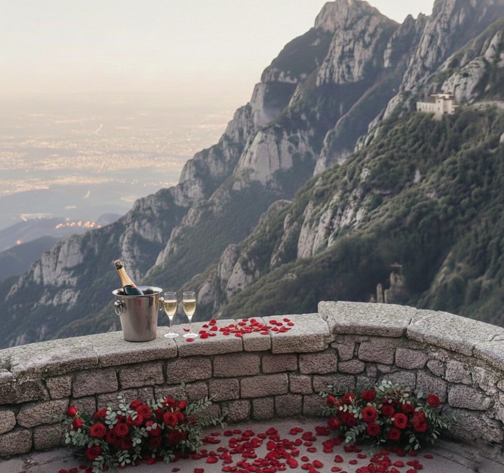 Romantic marriage proposal in Montserrat with mountain view at sunset