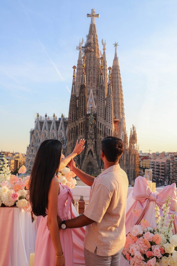Barcelona rooftop engagement proposal with sunset view