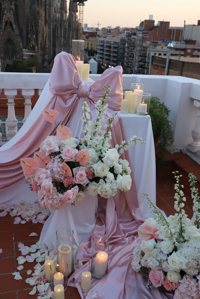 Luxury proposal setup with Sagrada Familia backdrop Barcelona