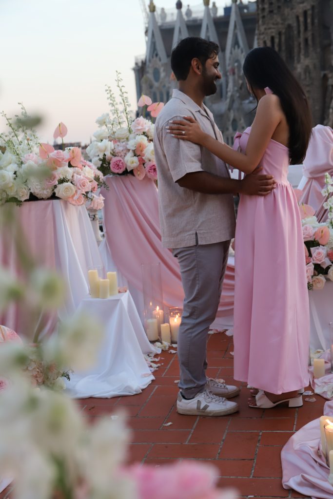Luxury proposal setup with Sagrada Familia backdrop Barcelona