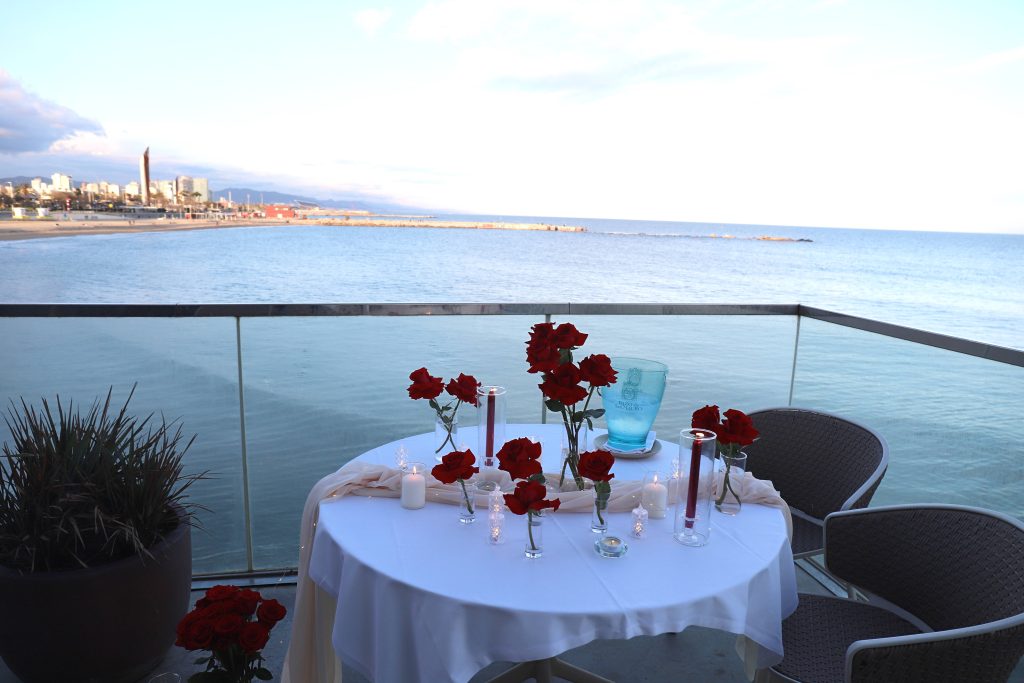 Luxury proposal setup Barcelona hotel room romantic decoration