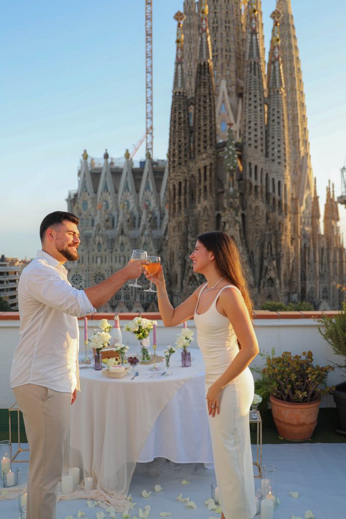 Romantic champagne and homemade sangria prepared for a Barcelona marriage proposal